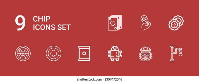 Editable 9 chip icons for web and mobile. Set of chip included icons line Industrial robot, Robot, Chips, Casino chip, Roulette, Biscuits, Poker on red background