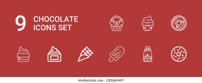 Editable 9 chocolate icons for web and mobile. Set of chocolate included icons line Doughnut, Cookies, Ice cream, Cream, Cupcake, Breakfast on red background