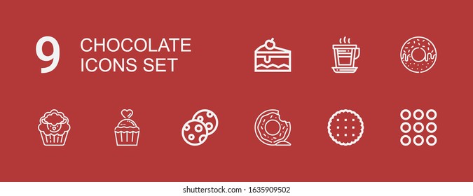 Editable 9 chocolate icons for web and mobile. Set of chocolate included icons line Caramel, Biscuit, Donut, Cookies, Cupcake, Coffee, Cake on red background