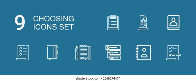 Editable 9 eligiendo iconos para web y móvil. Conjunto de iconos incluidos línea Lista, Agenda, Tareas en fondo azul