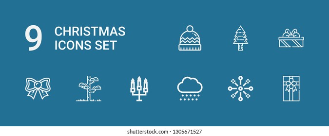 Editable 9 christmas icons for web and mobile. Set of christmas included icons line Gift box, Fireworks, Snow, Candle, Tree, Bow, Gifts, Pine tree, Winter hat on blue background