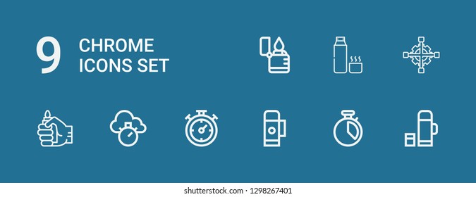 Editable 9 chrome icons for web and mobile. Set of chrome included icons line Thermo, Chronometer, Lighter, Cross wrench, Thermos on blue background