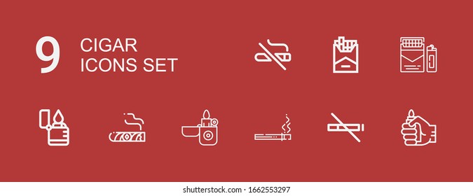 Editable 9 cigar icons for web and mobile. Set of cigar included icons line Lighter, No smoke, Cigarette, Cigar, No smoking on red background