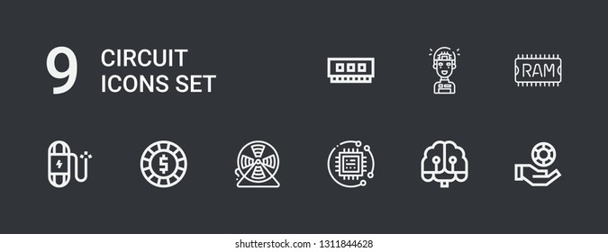 Editable 9 circuit icons for web and mobile. Set of circuit included icons line Chips, Artificial intelligence, Technology, Wire, Chip, Ram on dark background