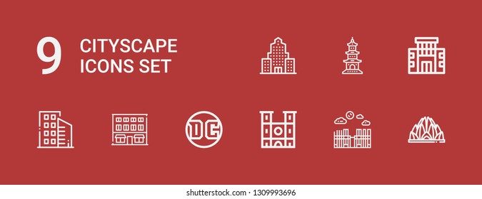Editable 9 cityscape icons for web and mobile. Set of cityscape included icons line Lotus temple, Merida, Notre dame, Dc, Building, Buildings, Skyscraper on red background