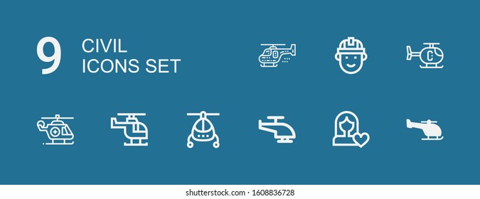 Editable 9 civil icons for web and mobile. Set of civil included icons line Helicopter, Women rights, Engineering on blue background