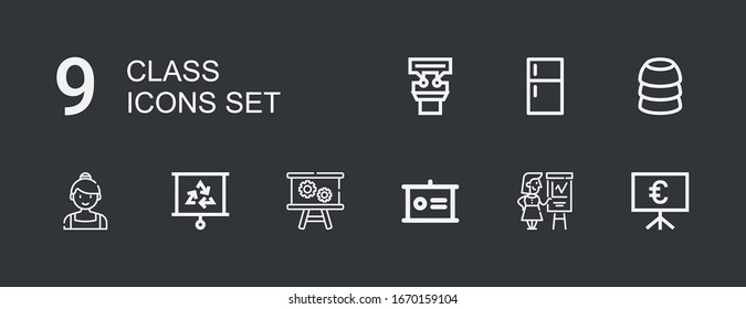 Editable 9 class icons for web and mobile. Set of class included icons line Presentation, Ballerina, Training, Fridge on dark background
