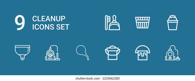 Editable 9 cleanup icons for web and mobile. Set of cleanup included icons line Vacuum, Bucket, Enema, Dustpan on blue background