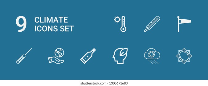 Editable 9 climate icons for web and mobile. Set of climate included icons line Sun, Rain, Ecology, Thermometer, Ecologism, Windsock, Temperature on blue background