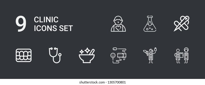 Editable 9 clinic icons for web and mobile. Set of clinic included icons line Doctor, Veterinarian, Blood pressure gauge, Mortar, Stethoscope, Denture, Needle on dark background