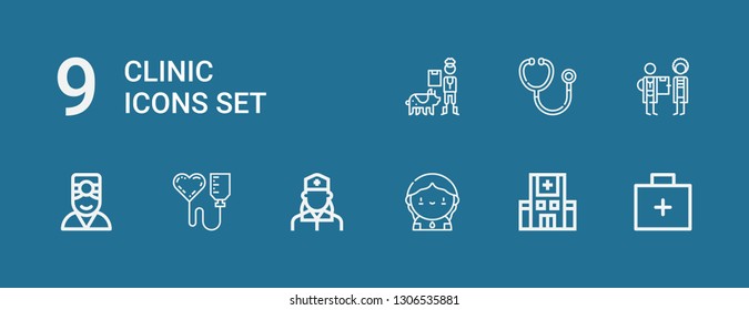 Editable 9 clinic icons for web and mobile. Set of clinic included icons line Emergency kit, Hospital, Donor, Nurse, Blood donation, Doctor, Stethoscope, Veterinarian on blue background