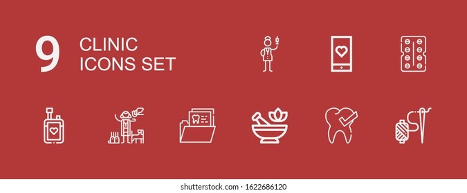 Editable 9 clinic icons for web and mobile. Set of clinic included icons line Needle, Tooth, Mortar, Veterinarian, Blood donation, Antibiotic, Medical app, Nurse on red background