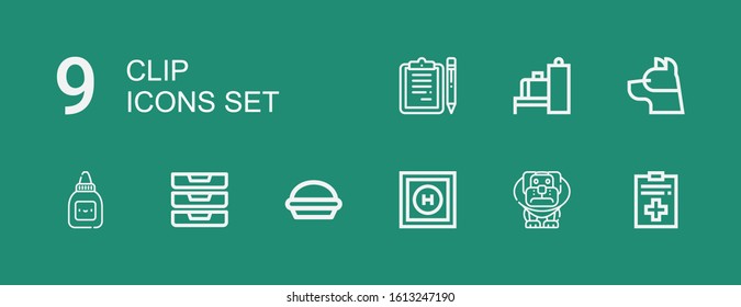 Editable 9 clip icons for web and mobile. Set of clip included icons line File, Dog, Helipad, Pie, Inboxes, Glue, Scanner, Clipboards on green background
