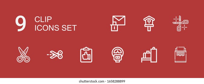 Editable 9 clip icons for web and mobile. Set of clip included icons line Paper shredder, Scanner, Parking meter, Clipboard, Scissors, Birdhouse, Erase on red background