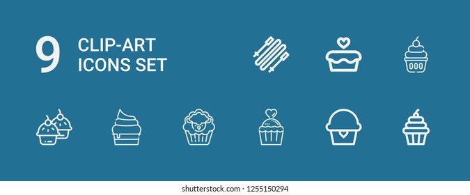Editable 9 clip-art icons for web and mobile. Set of clip-art included icons line Cupcake, Skii on blue background