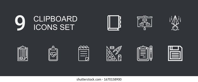 Bearbeitbar 9 Clipboard Icons für Web und Mobile. Zusammenstellung der Zwischenablage enthält die Symbole der Reihe Diskette, Zwischenablage, Schreibplatte, Notepad, Zwischenablage, Papers, Planung, Stellenbuch auf dunklem Hintergrund