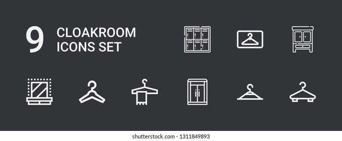 Editable 9 cloakroom icons for web and mobile. Set of cloakroom included icons line Hanger, Clothing hanger, Wardrobe, Dressing room, Locker on dark background