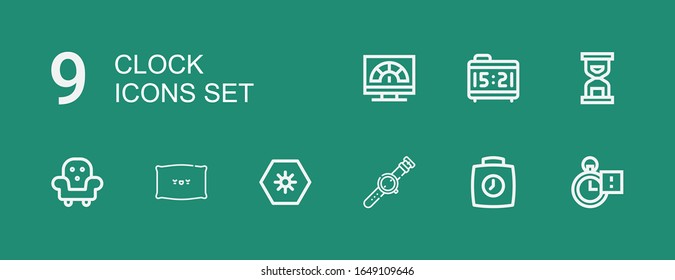 Editable 9 clock icons for web and mobile. Set of clock line icons including Stop watch, Clock, Watch, Day, Pillow, Furniture, Hourglass, Alarm Speed on green background