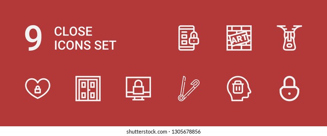 Editable 9 close icons for web and mobile. Set of close included icons line Padlock, Delete, Safety pin, Double door, Zipper, Graffiti on red background