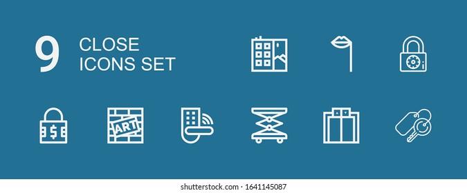 Editable 9 close icons for web and mobile. Set of close included icons line Keys, Elevator, Padlock, Graffiti, Lips on blue background