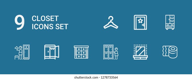 Editable 9 closet icons for web and mobile. Set of closet included icons line Toilet paper, Dressing room, Lockers, Cabinet, Wardrobe, Hanger on blue background