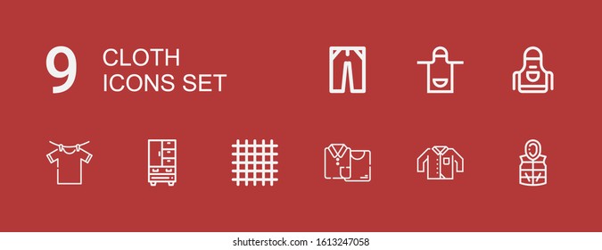 Editable 9 cloth icons for web and mobile. Set of cloth included icons line Jacket, Clothing, Clothes, Cloth, Wardrobe, Clothes hanger, Apron, Jeans on red background