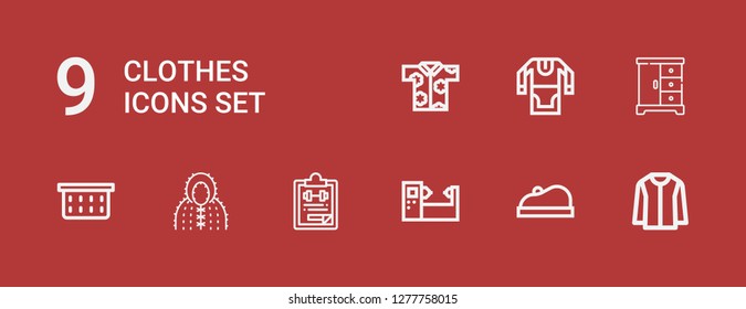 Editable 9 clothes icons for web and mobile. Set of clothes included icons line Jacket, Beret, Machine, Gym file, Coat, Laundry basket, Closet, Tunic, Shirt on red background