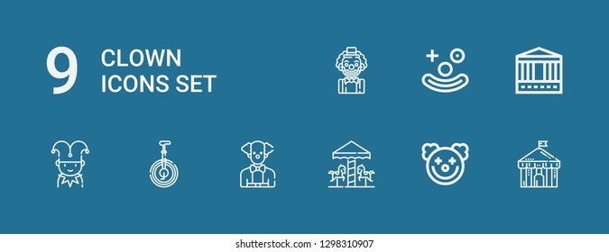 Editable 9 clown icons for web and mobile. Set of clown included icons line Circus, Clown, Carousel, Unicycle, Jester on blue background