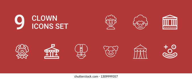Editable 9 clown icons for web and mobile. Set of clown included icons line Clown, Circus, Fakir, Carousel on red background