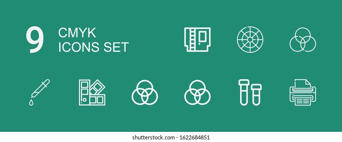 Editable 9 cmyk icons for web and mobile. Set of cmyk included icons line Print, Printing, Rgb, Pantone, Picker, Color wheel, Cartridge on green background