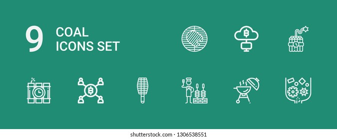 Editable 9 coal icons for web and mobile. Set of coal included icons line Crusher, Barbecue, Churrasco, BBQ grill, Mining, Dinamite, Dynamite on green background