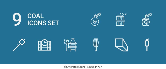 Editable 9 coal icons for web and mobile. Set of coal included icons line Marshmallow, Minerals, BBQ grill, Brick grill, Dinamite, Dynamite on blue background