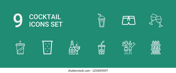 Editable 9 cocktail icons for web and mobile. Set of cocktail included icons line Drinks, Christmas party, Ice coffee, Champagne, Drink, Beverage, Cheers, Swimsuit on green background