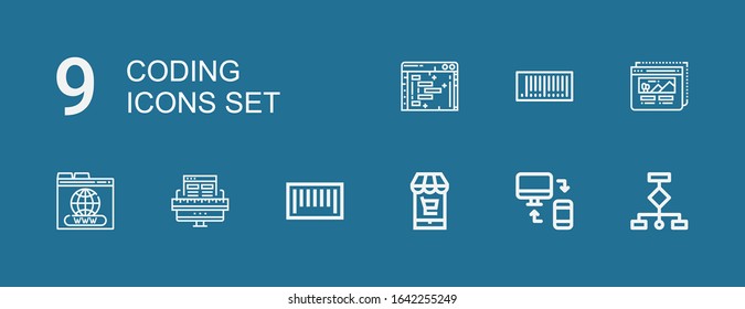 Editable 9 coding icons for web and mobile. Set of coding included icons line Wireframes, Responsive, Market, Barcode, Web design, Domain, Wireframe, Clean code on blue background