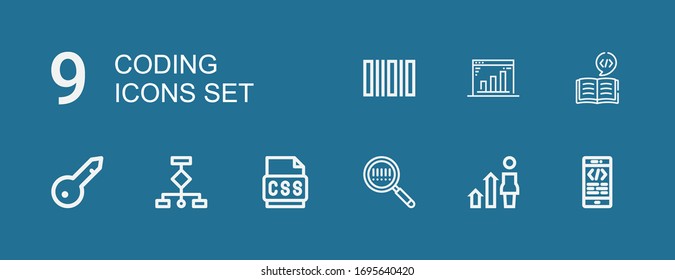Editable 9 coding icons for web and mobile. Set of coding included icons line Coding, Development, Barcode, Css, Wireframes, Keyword, Marketing on blue background