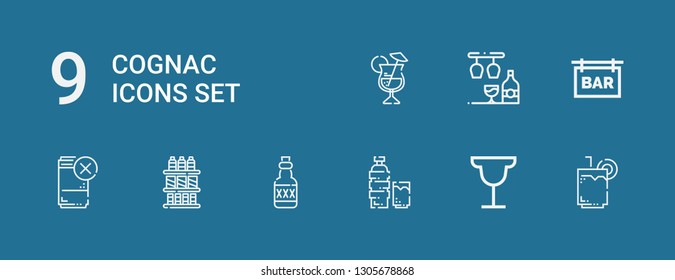 Editable 9 cognac icons for web and mobile. Set of cognac included icons line Drink, Cocktail, Rum, Drinks, Bar on blue background