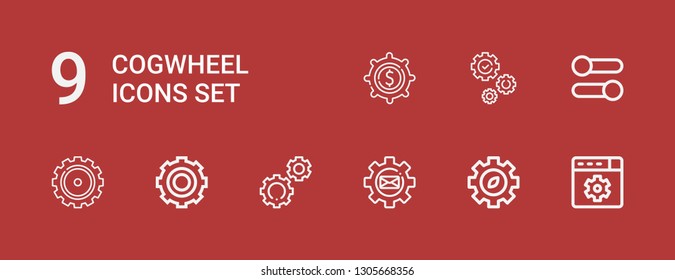 Editable 9 cogwheel icons for web and mobile. Set of cogwheel included icons line Settings, Gear on red background