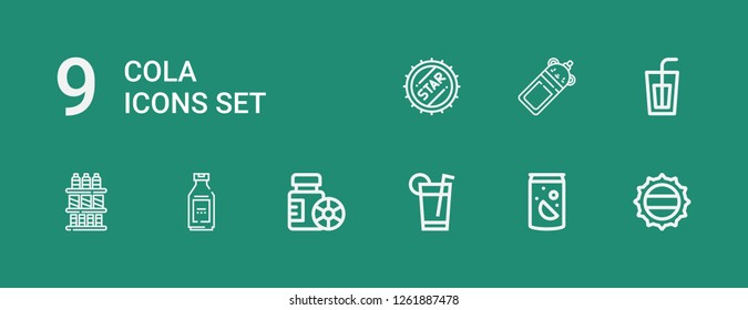 Editable 9 cola icons for web and mobile. Set of cola included icons line Bottle cap, Soda, Drink, Bottles, Bottle, Drinks on green background