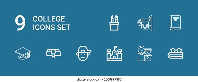 Editable 9 college icons for web and mobile. Set of college included icons line Book, Graduation, School, Boy, Diploma, Mortarboard, Backpack, Pencil case on blue background