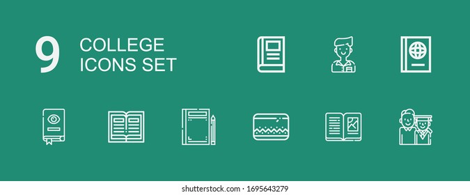 Editable 9 college icons for web and mobile. Set of college included icons line Graduation, Book, Pencil case, Student on green background