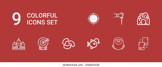 Editable 9 colorful icons for web and mobile. Set of colorful included icons line Pantone, Macaw, Anglerfish, Jelly beans, Target, Badshahi mosque, Cave, Sai on red background