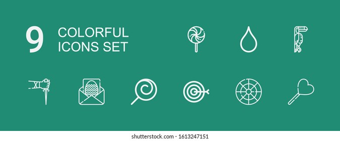 Editable 9 colorful icons for web and mobile. Set of colorful included icons line Lollipop, Color wheel, Target, Letter, Sai, Toucan, Blur on green background