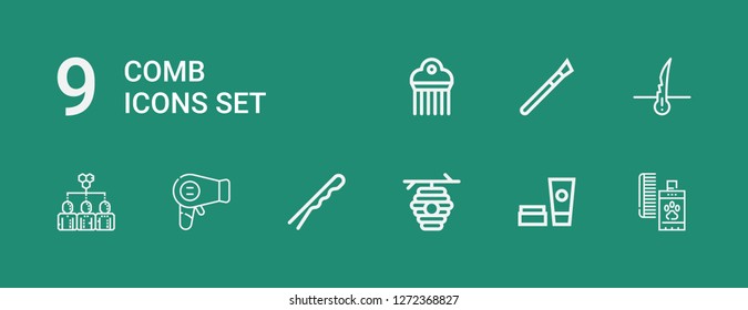 Editable 9 Comb Icons For Web And Mobile. Set Of Comb Included Icons Line Perfume, Cosmetics, Beehive, Hairpin, Hairdryer, Hive, Hair, Makeup, Comb On Green Background