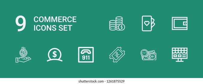 Editable 9 commerce icons for web and mobile. Set of commerce included icons line Online shop, Money, Coupon, , Coin, Wallet, Cards, Coins on green background