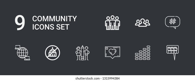 Editable 9 community icons for web and mobile. Set of community included icons line Question, Equalizer, Like, Teamwork, Ngo, Network, Hashtag, Team on dark background