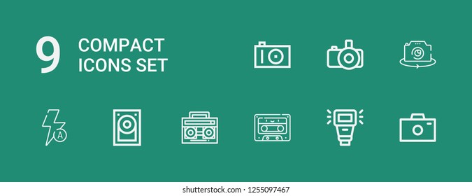 Editable 9 compact icons for web and mobile. Set of compact included icons line Photo camera, Camera flash, Cassette, Radio cassette, Hard disk, Auto flash on green background