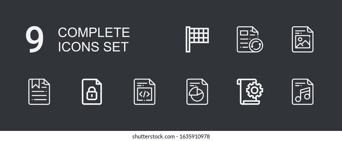 Editable 9 complete icons for web and mobile. Set of complete included icons line File, Finish flag on dark background