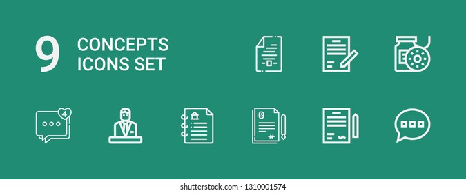 Editable 9 concepts icons for web and mobile. Set of concepts included icons line Comment, Contract, Commentator, Filament on green background