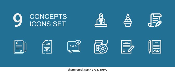 Editable 9 concepts icons for web and mobile. Set of concepts included icons line Contract, Filament, Comment, Flame, Commentator on blue background