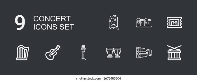 Editable 9 concert icons for web and mobile. Set of concert included icons line Drum, Xylophone, Timpani, Microphone, Guitar, Harp, Ticket, Singer on dark background